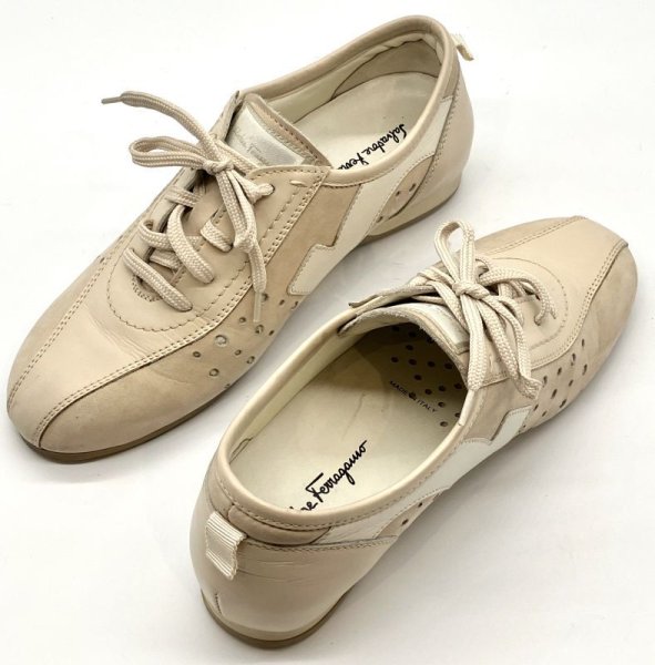 画像18: OLD FERRAGAMO(オールドフェラガモ) アイボリーベージュレザー×スエードレースアップスニーカー 4 1/2D (18)