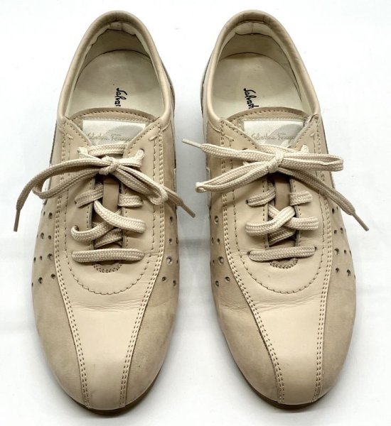 画像9: OLD FERRAGAMO(オールドフェラガモ) アイボリーベージュレザー×スエードレースアップスニーカー 4 1/2D (9)