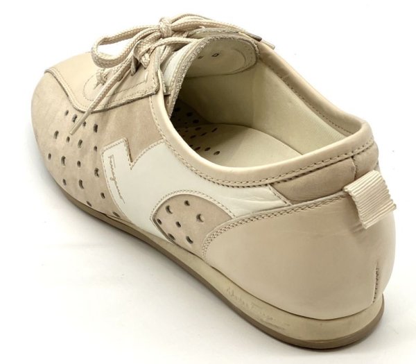 画像5: OLD FERRAGAMO(オールドフェラガモ) アイボリーベージュレザー×スエードレースアップスニーカー 4 1/2D (5)