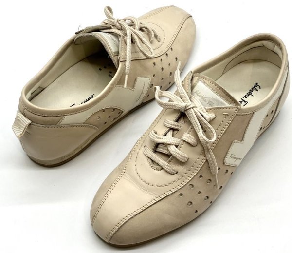 画像17: OLD FERRAGAMO(オールドフェラガモ) アイボリーベージュレザー×スエードレースアップスニーカー 4 1/2D (17)