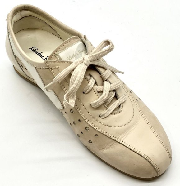 画像2: OLD FERRAGAMO(オールドフェラガモ) アイボリーベージュレザー×スエードレースアップスニーカー 4 1/2D (2)