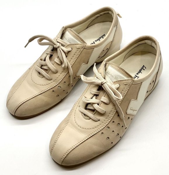 画像11: OLD FERRAGAMO(オールドフェラガモ) アイボリーベージュレザー×スエードレースアップスニーカー 4 1/2D (11)