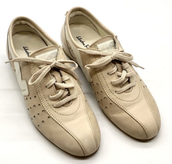 画像12: OLD FERRAGAMO(オールドフェラガモ) アイボリーベージュレザー×スエードレースアップスニーカー 4 1/2D (12)