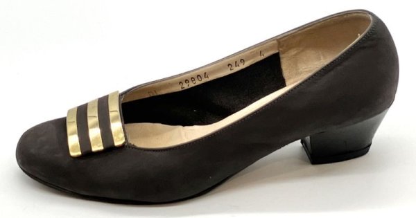 画像3: OLD FERRAGAMO(オールドフェラガモ) ダークブラウンスエード×ゴールドラインパンプス 4C (3)