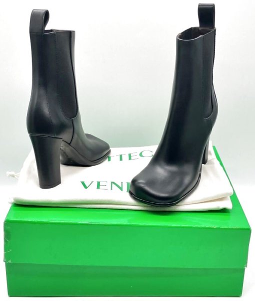 画像20: BOTTEGA VENETA (ボッテガヴェネタ)ブラックレザーボリュームスクエアトゥサイドゴアミドルブーツ35 (20)