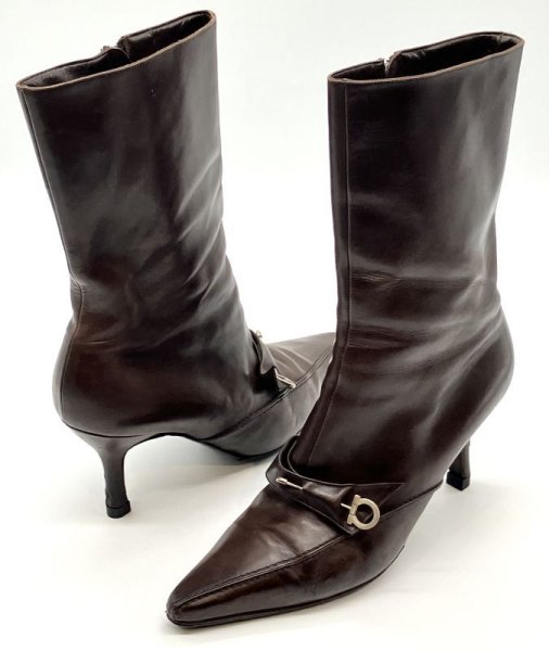 画像17: OLD FERRAGAMO(オールドフェラガモ)  ブラウンレザーガンチーニピン付きハーフブーツ 6C (17)