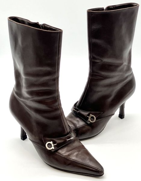 画像16: OLD FERRAGAMO(オールドフェラガモ)  ブラウンレザーガンチーニピン付きハーフブーツ 6C (16)