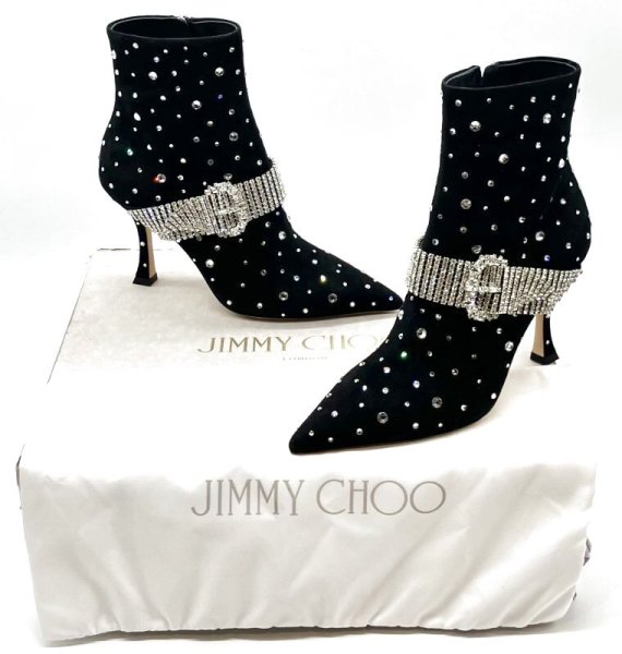 画像25: JIMMY CHOO(ジミーチュウ)ブラックスエードスワロフスキーストラップベルト付きショートブーツ 36 (25)