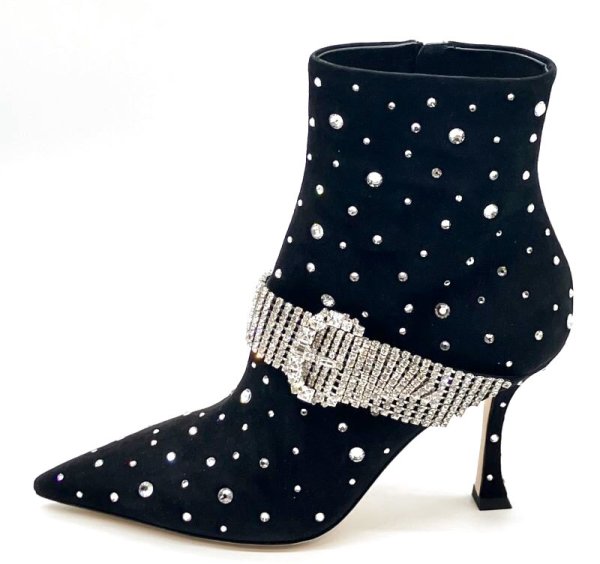 画像3: JIMMY CHOO(ジミーチュウ)ブラックスエードスワロフスキーストラップベルト付きショートブーツ 36 (3)