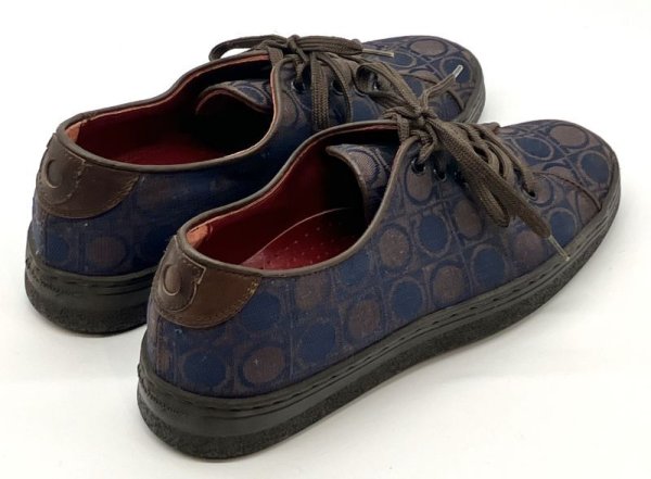 画像14: OLD FERRAGAMO(オールドフェラガモ) ネイビー×ブラウンガンチーニプリントレースアップスニーカー 3 1/2D (14)