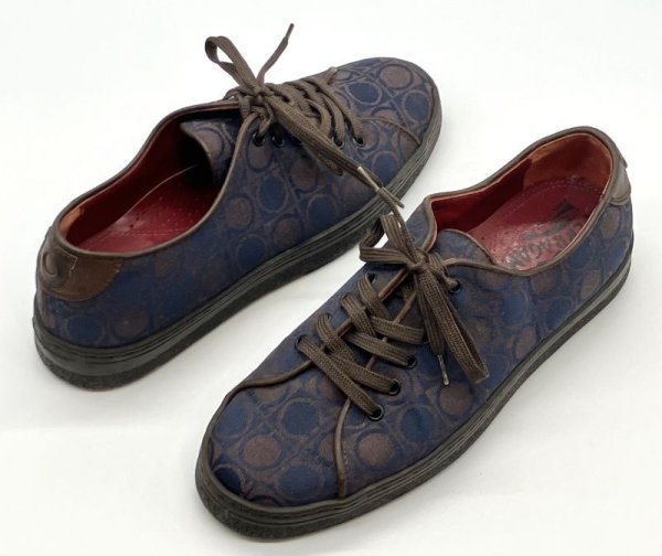 画像17: OLD FERRAGAMO(オールドフェラガモ) ネイビー×ブラウンガンチーニプリントレースアップスニーカー 3 1/2D (17)
