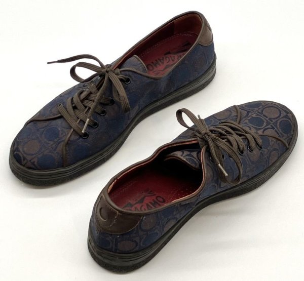 画像18: OLD FERRAGAMO(オールドフェラガモ) ネイビー×ブラウンガンチーニプリントレースアップスニーカー 3 1/2D (18)