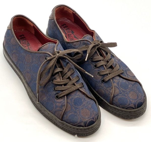 画像12: OLD FERRAGAMO(オールドフェラガモ) ネイビー×ブラウンガンチーニプリントレースアップスニーカー 3 1/2D (12)