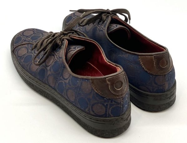 画像13: OLD FERRAGAMO(オールドフェラガモ) ネイビー×ブラウンガンチーニプリントレースアップスニーカー 3 1/2D (13)