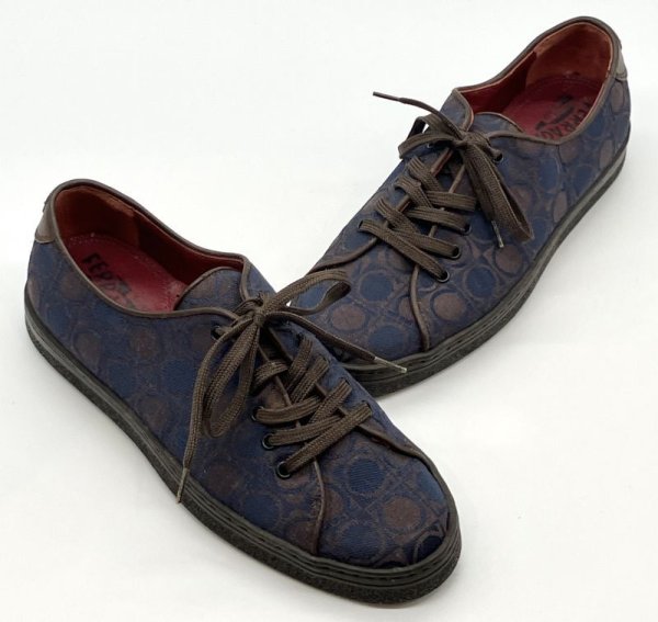 画像16: OLD FERRAGAMO(オールドフェラガモ) ネイビー×ブラウンガンチーニプリントレースアップスニーカー 3 1/2D (16)