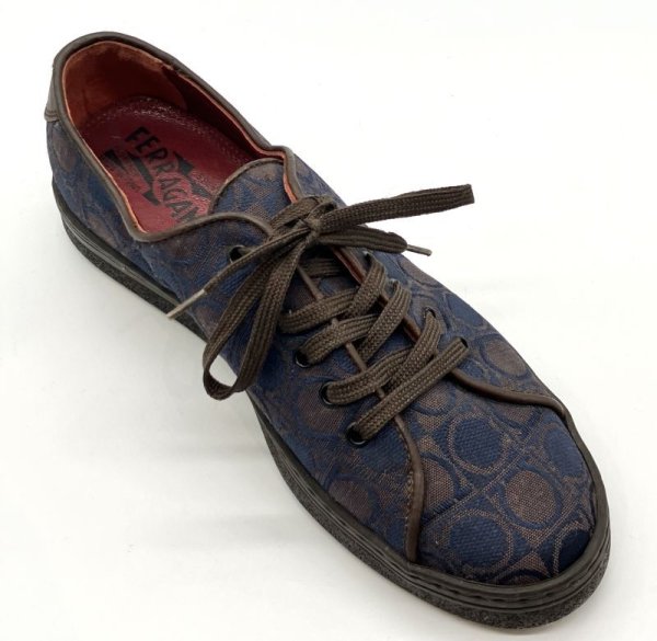 画像2: OLD FERRAGAMO(オールドフェラガモ) ネイビー×ブラウンガンチーニプリントレースアップスニーカー 3 1/2D (2)