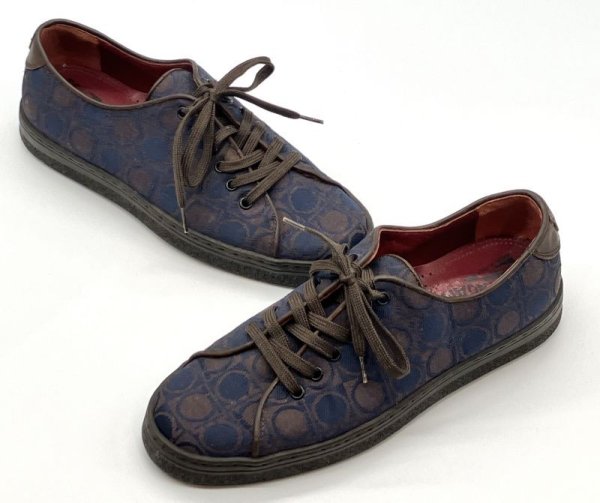 画像15: OLD FERRAGAMO(オールドフェラガモ) ネイビー×ブラウンガンチーニプリントレースアップスニーカー 3 1/2D (15)