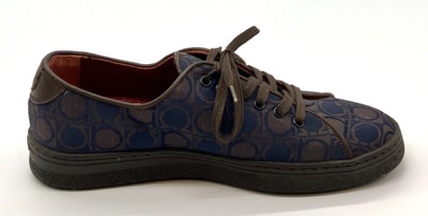 画像4: OLD FERRAGAMO(オールドフェラガモ) ネイビー×ブラウンガンチーニプリントレースアップスニーカー 3 1/2D (4)