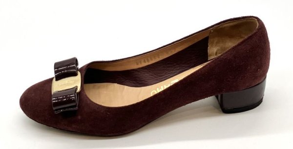 画像3: OLD FERRAGAMO(オールドフェラガモ) ボルドーパープルスエード×パテントヴァラリボンパンプス 5 1/2C (3)