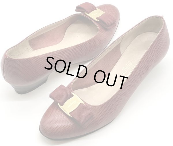 画像17: OLD FERRAGAMO(オールドフェラガモ)レッド型押しレザーヴァラリボンパンプス 5 1/2C (17)