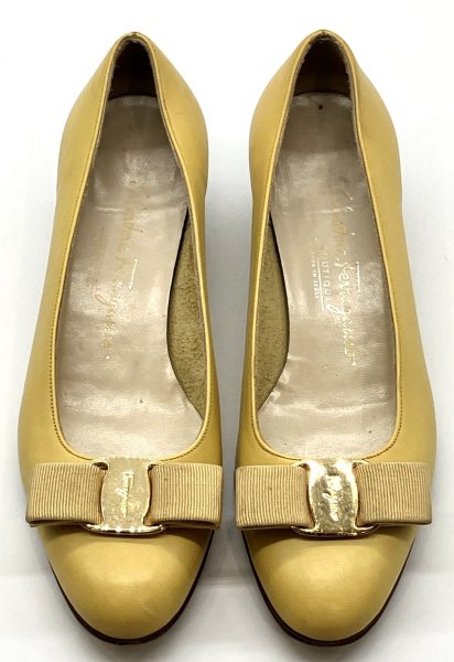 画像5: OLD FERRAGAMO(オールドフェラガモ) イエローレザーヴァラリボンパンプス 4 1/2D (5)