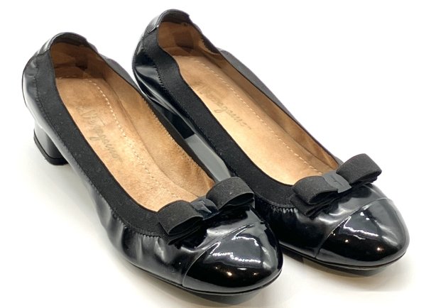 画像12: OLD FERRAGAMO(オールドフェラガモ) ブラックパテントリボン付きバレエシューズパンプス 6 1/2 (12)