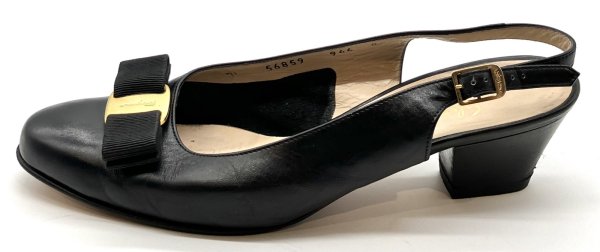 画像5: OLD FERRAGAMO(オールドフェラガモ) ブラックレザーヴァラリボンバックストラップパンプス 8C (5)