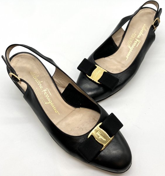 画像18: OLD FERRAGAMO(オールドフェラガモ) ブラックレザーヴァラリボンバックストラップパンプス 8C (18)