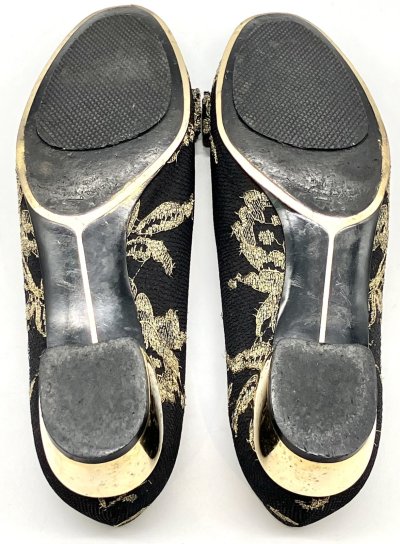 画像2: OLD FERRAGAMO(オールドフェラガモ) ブラック×ゴールドレースヴァラリボンパンプス 4D