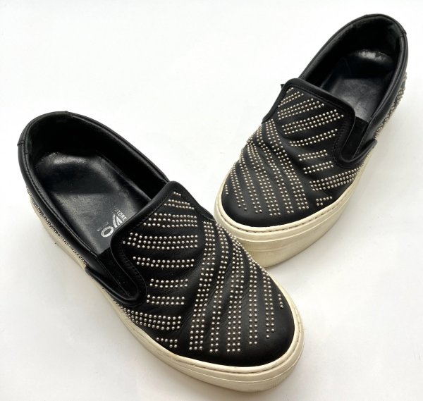 画像14: OLD FERRAGAMO(オールドフェラガモ)ブラックレザー×シルバースタッズスリッポンスニーカー 4 1/2M (14)