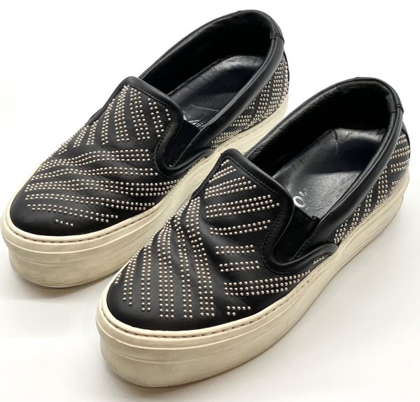 画像9: OLD FERRAGAMO(オールドフェラガモ)ブラックレザー×シルバースタッズスリッポンスニーカー 4 1/2M (9)