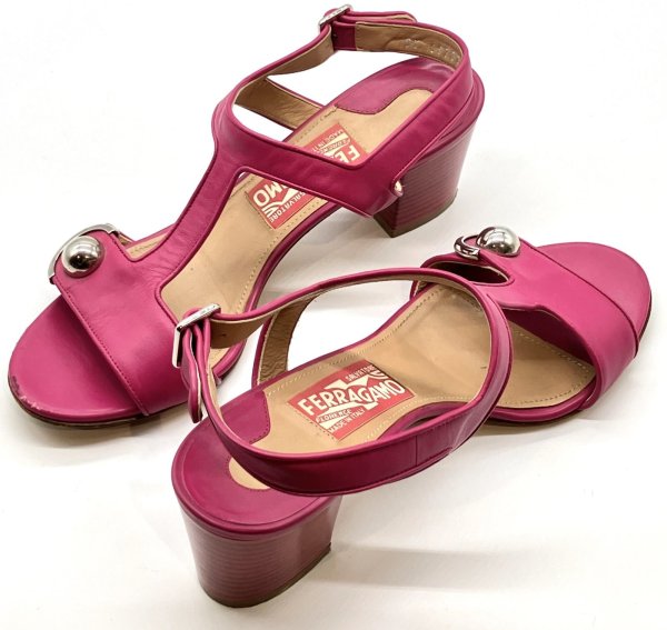 画像18: OLD FERRAGAMO(オールドフェラガモ)マゼンタピンクレザー×シルバーガンチーニ金具付きサンダル 6C (18)