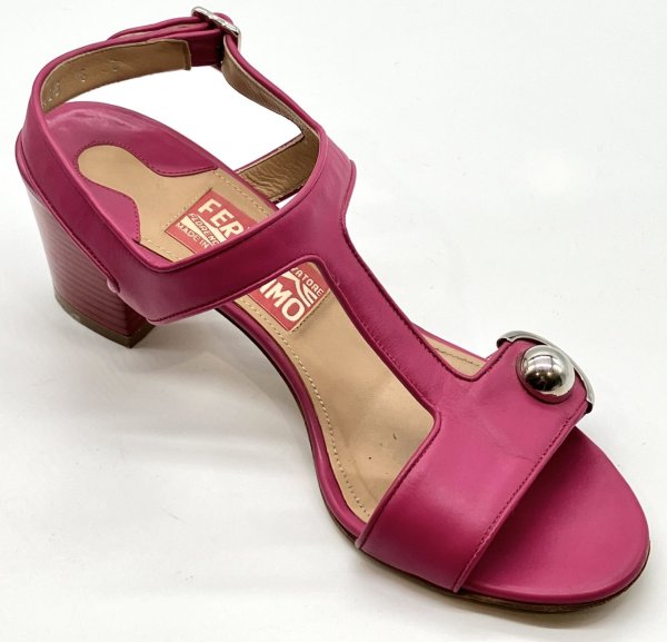 画像2: OLD FERRAGAMO(オールドフェラガモ)マゼンタピンクレザー×シルバーガンチーニ金具付きサンダル 6C (2)