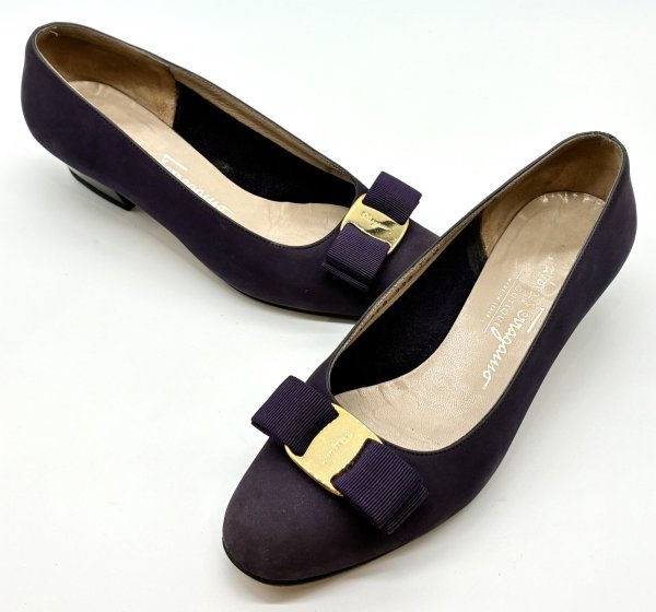 画像14: OLD FERRAGAMO(オールドフェラガモ) ブルーパープルスエードヴァラリボンパンプス 5 1/2C (14)