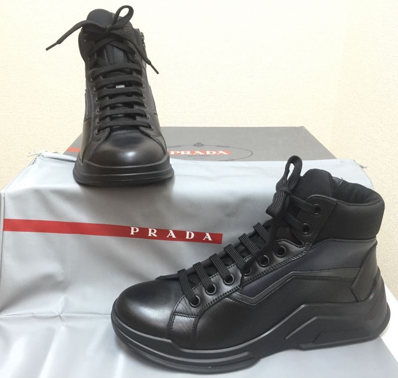 PRADA ハイカット レザースニーカー ブラック smcint.com