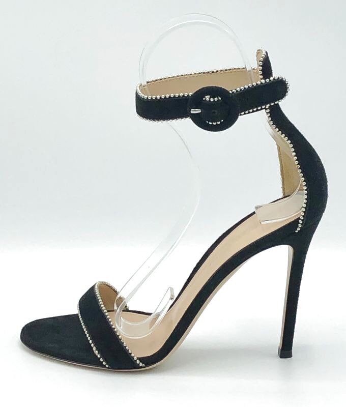 GIANVITO ROSSI(ジャンヴィトロッシ)ブラックスエード×シルバーボールチェーンパイピングアンクルストラップサンダル38 - ella